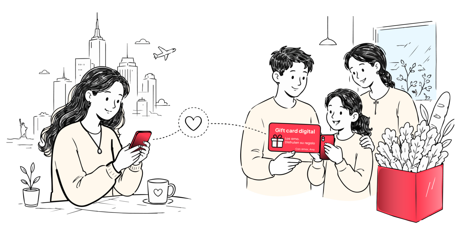 Una mujer envía una gift card digital desde el extranjero y su familia la recibe en Ecuador