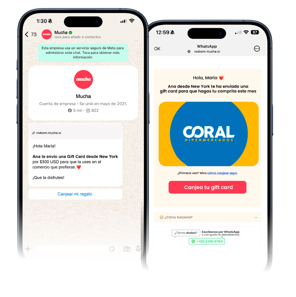 La gift card llega por WhatsApp y se canjea desde el móvil